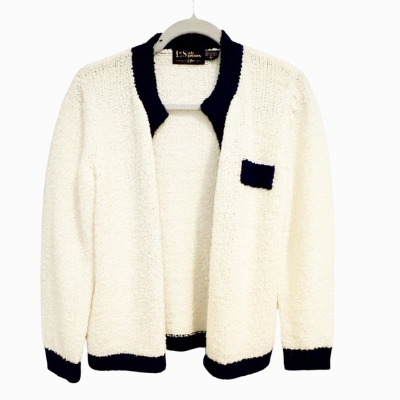 Vintage Le Sah Petites Ivory & Blue Open Front Cardigan Size M - Picture 1 of 5